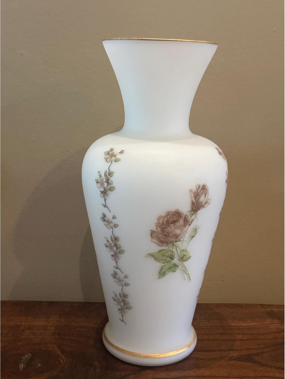 Vintage White Frosted Glass Floral Vase - Flared Hand Painted Style